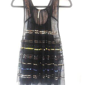 Free People Mercury Black Top with Sequins, Sheer Mesh, Lots of Sparkle Size M